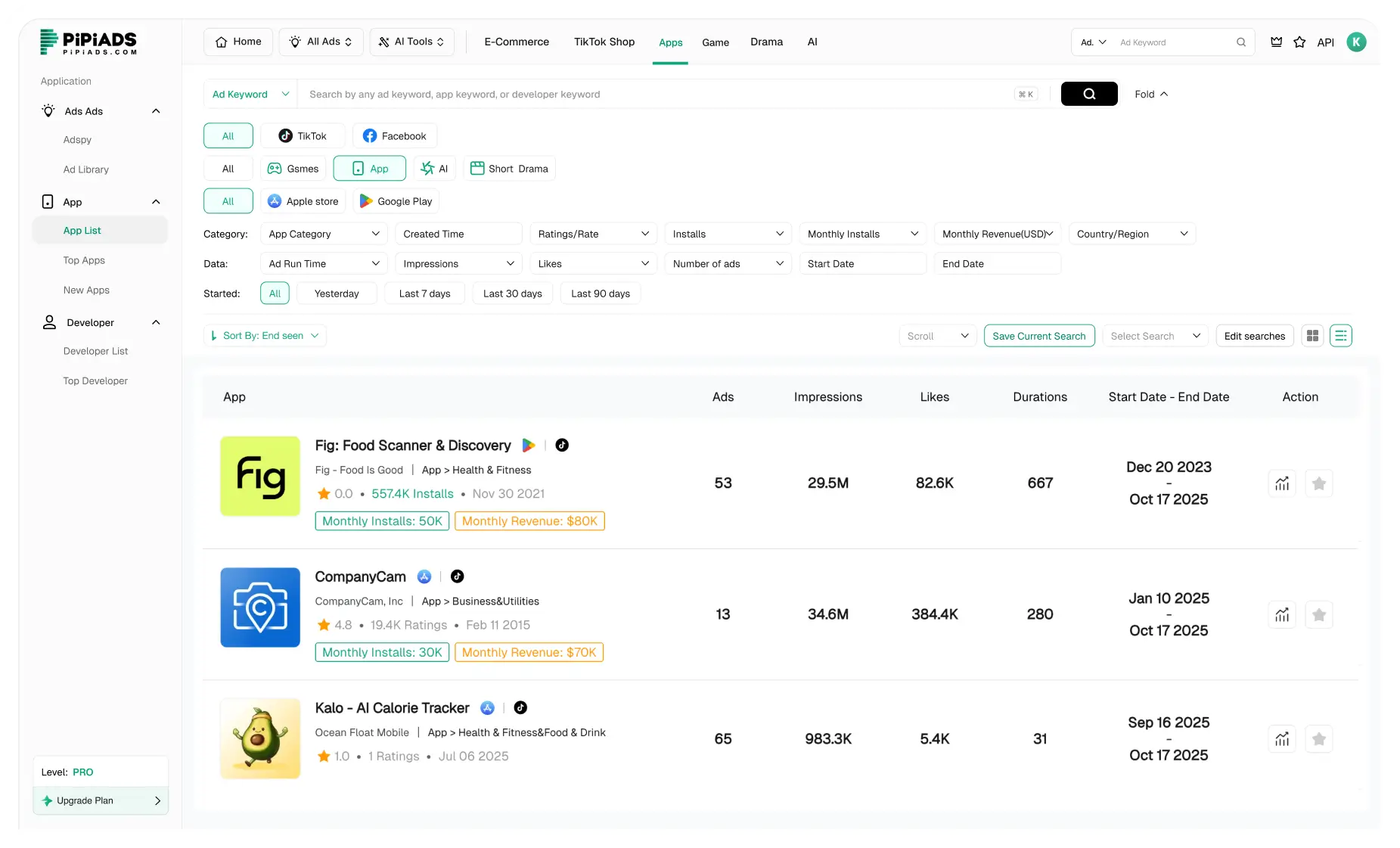 Liste des applications